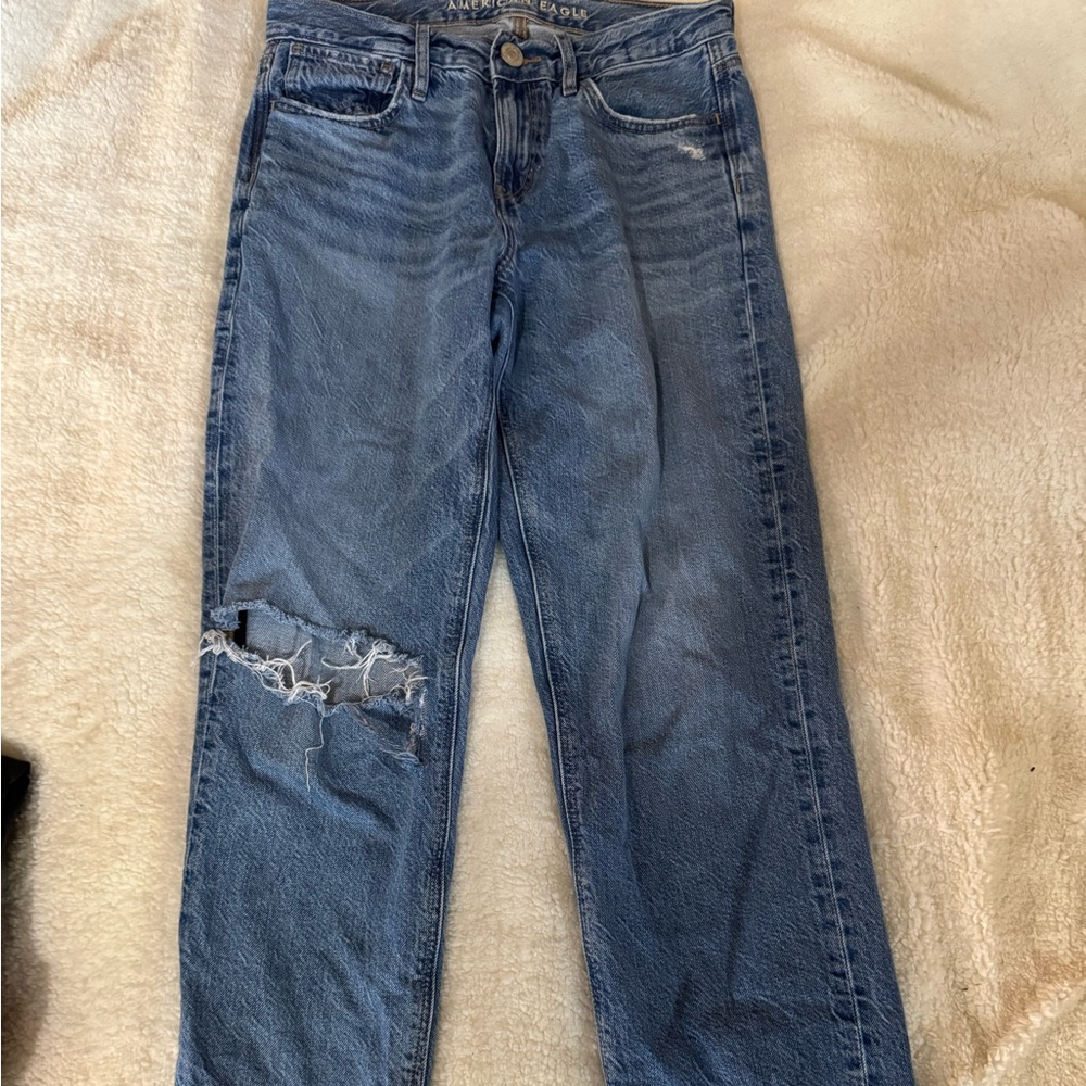 American Eagle Outfitters Blue Distressed Straight Leg Jeans